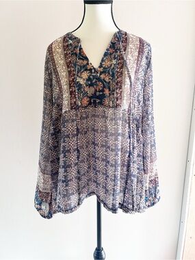 NWT Mystree Floral Patchwork Sheer Tunic Long Sleeves Flowy Size Small